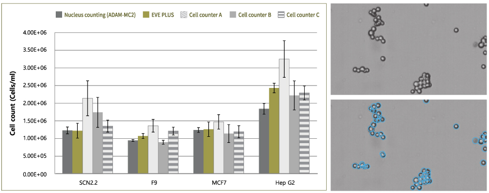 Clumped cells were counted with EVE™ Plus, ADAM-MC2 (the nucleus cell counter), and other manufacturers’ automated cell counter (A, B, and C).