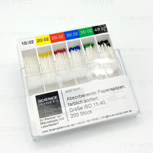 Absorbent paper tips, assorted colors, size ISO 15-40, 200 pieces
